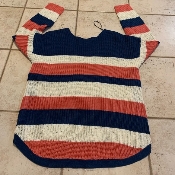 mySTYLE XL Striped V-Neck Sweater Navy Coral Cream Side Buttons Tunic Knit - Picture 5 of 5